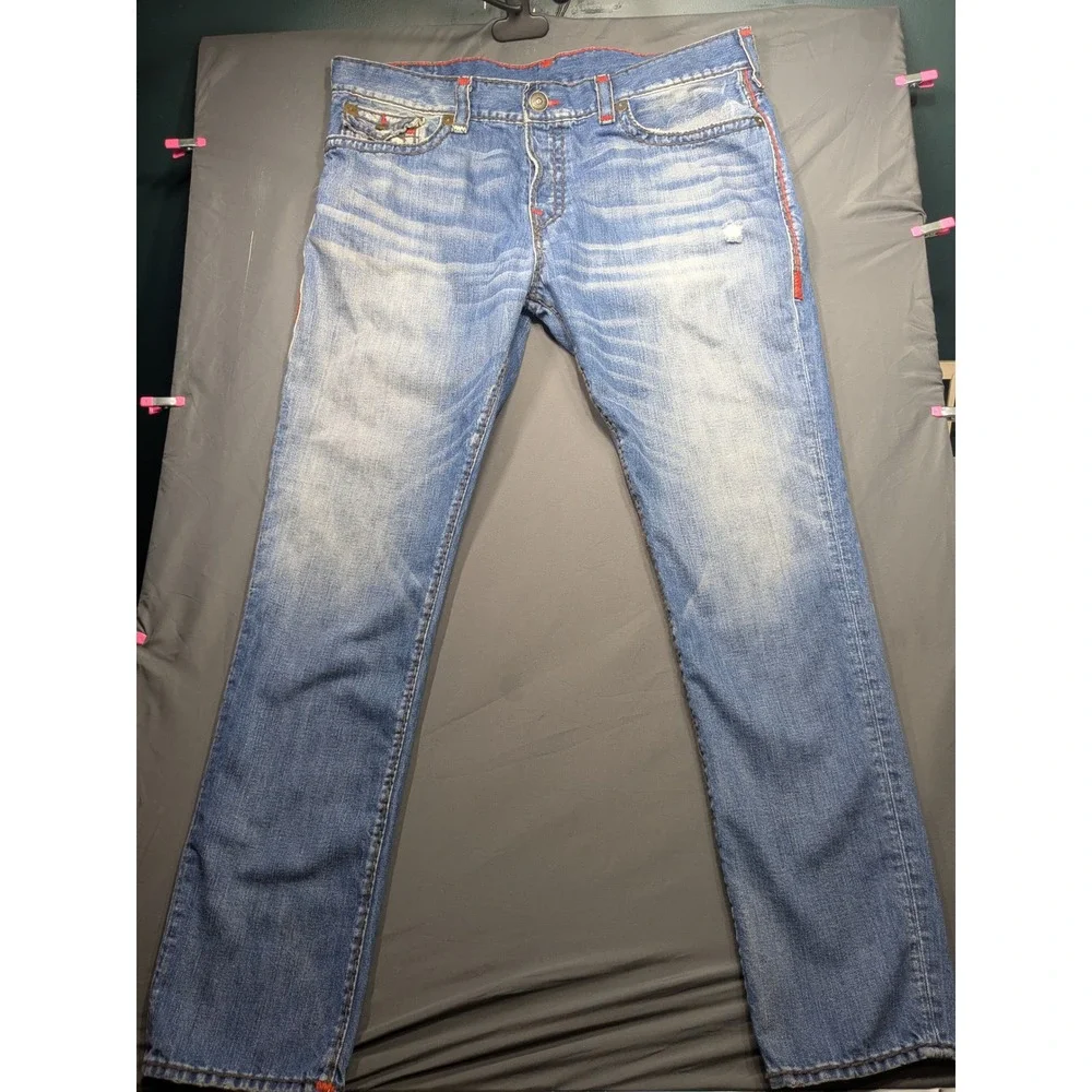 True Religion Rocco Relaxed Skinny Jeans Mens 42 Blue Red Contrast Stitch Denim
